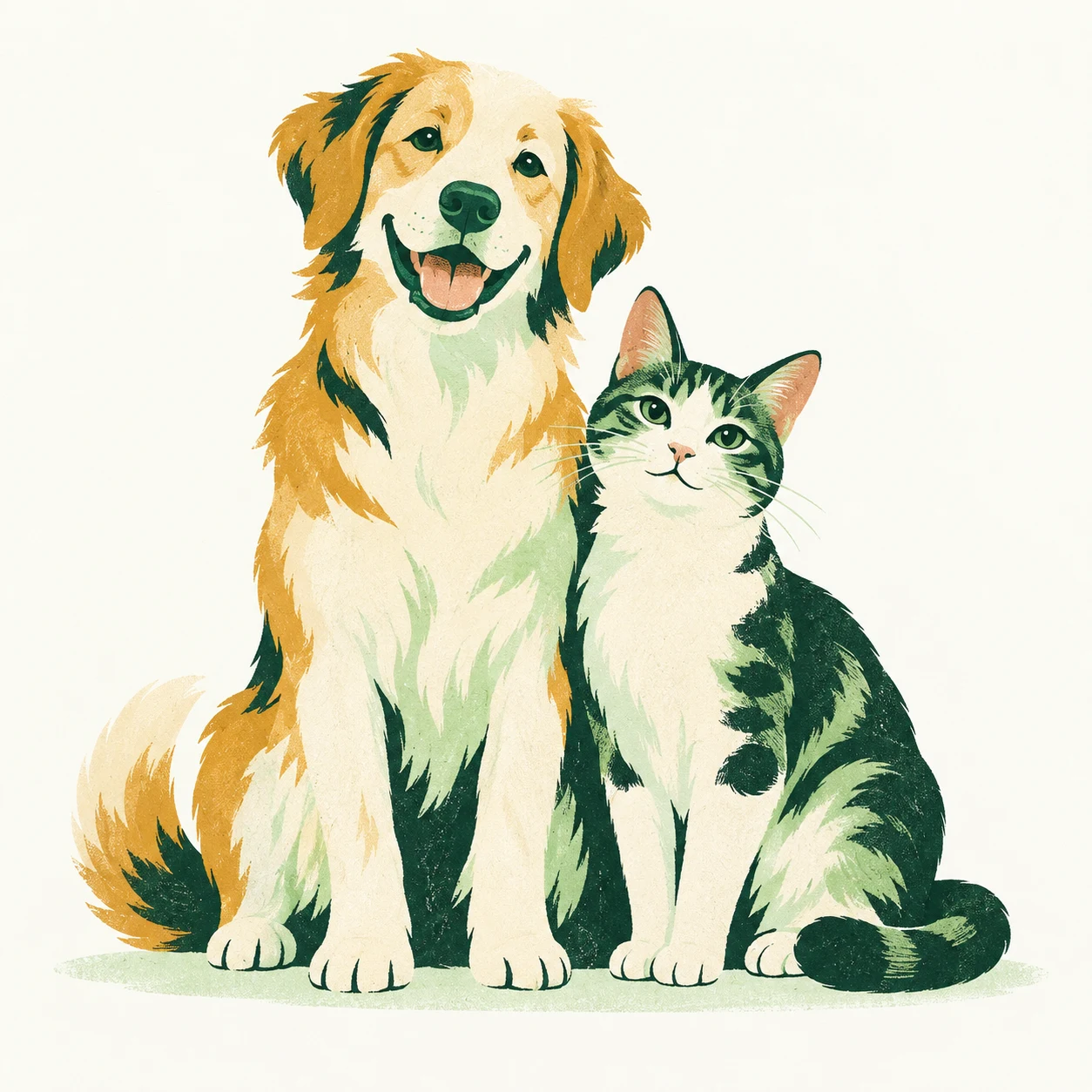 An illustrated dog and cat sitting together